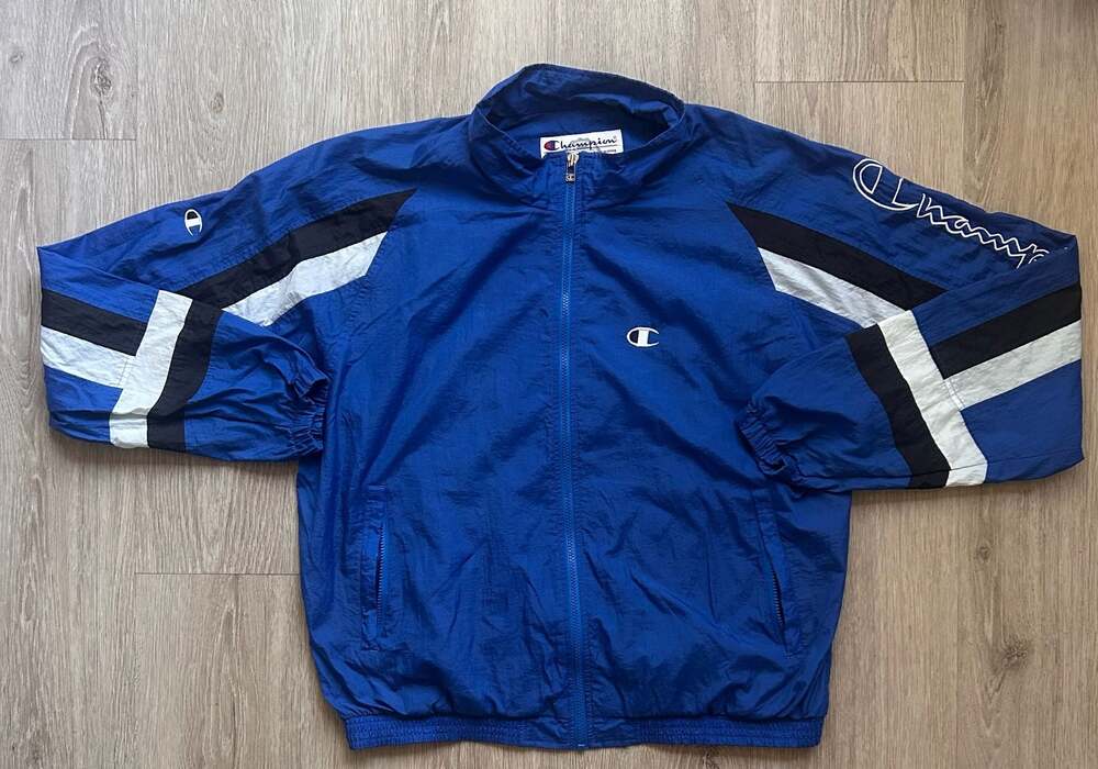 Champion Vintage Blue Black White Full Zip Windbreaker Jacket Size L